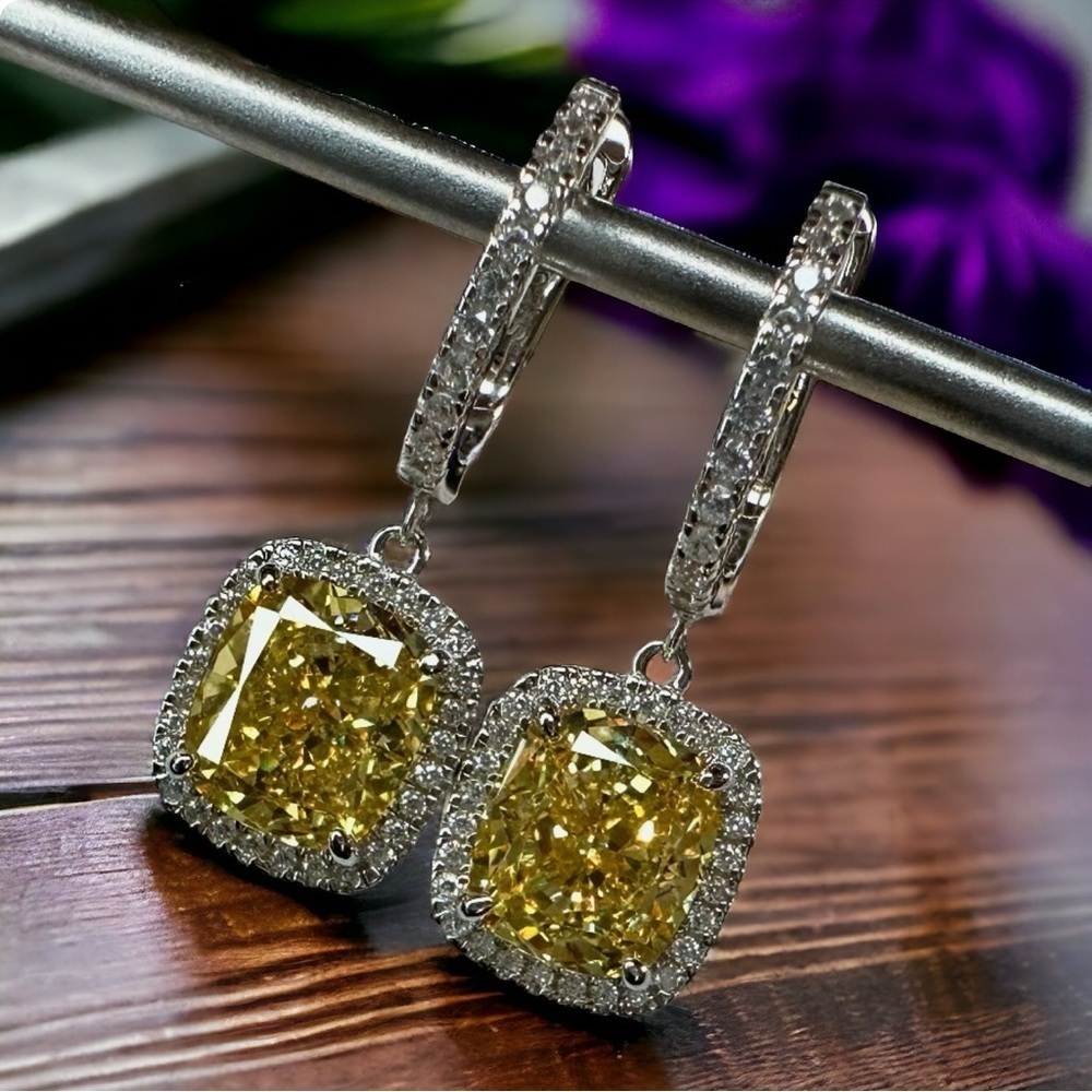 NEW Fancy Canary Yellow High Carbon Diamond Simulant Dangle Drop Earrings - Picture 16 of 17